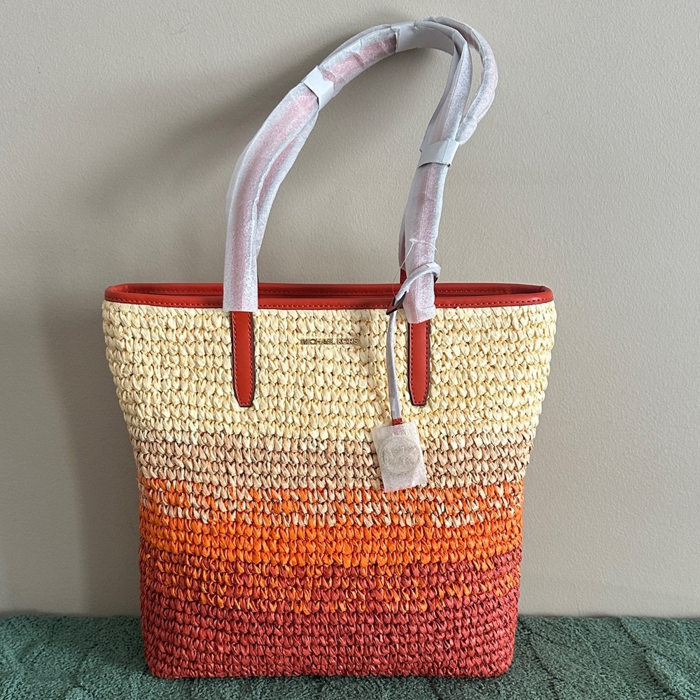Michael Kors Cream to Orange Ombre Straw Tote with Red Trim
